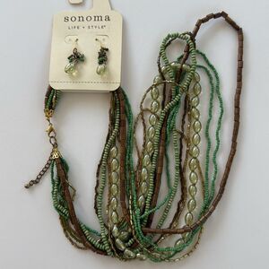 NWT Sonoma Boho beaded long necklace & earrings, earth tones green brown fairy